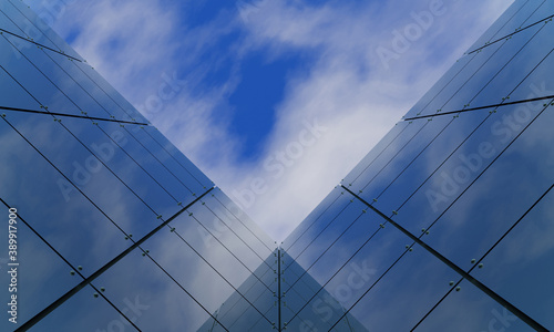 A view of a building full of mirrors You can see the sky and white clouds. Mirror reflection from the building. 3D Rendering