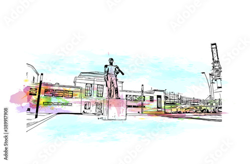 Building view with landmark of Buenaventura is a coastal seaport city on the department of Valle del Cauca, Colombia. Watercolor splash with hand drawn sketch illustration in vector.