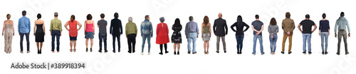 large group of men and women from back on white background
