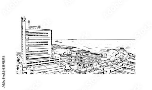 Building view with landmark of Buenaventura is a coastal seaport city on the department of Valle del Cauca, Colombia. Hand drawn sketch illustration in vector.