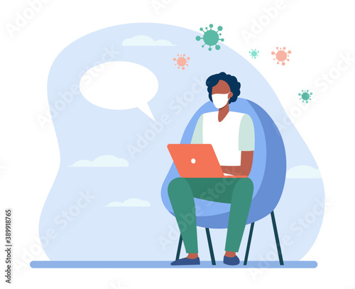 Man in mask using laptop for online chat with doctor. Video call, medical consultation flat vector illustration. Covid, epidemic, help concept for banner, website design or landing web page