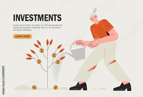 Business investment banner, landing page, web ui illustration. Revenue and income metaphor. Character water a tree with coins. Investors strategy, funding, start up concept. Woman plant money tree.