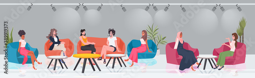 mix race women discussing during meeting in conference area female empowerment movement girl power union of feminists concept horizontal full length vector illustration