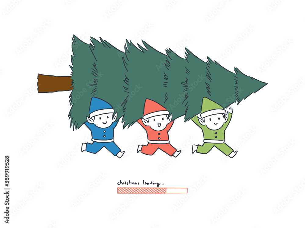 Obraz premium Happy elf carrying Christmas tree with loading bar, countdown concept, hand-drawn line art style vector illustration.