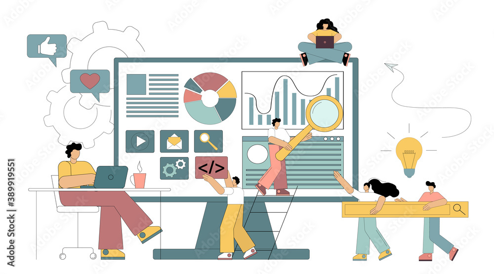 Website development, creation. Programming, script coding, application for mobile devices. A group of software developers. Vector illustration isolated on white background.