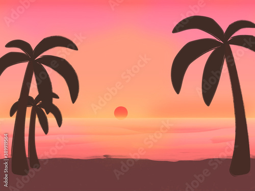 beautiful sunset at the beach. colorful twilight sky and sea. silhouette palm tree on the beach at twilight time. destination vacation of tourism in Thailand. illustration summer seascape