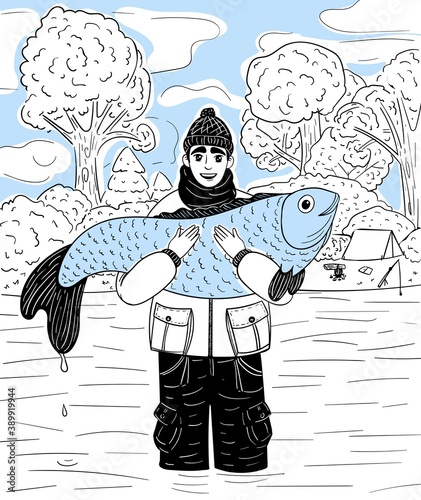 The fisherman caught a big fish. Stock vector illustration for design and decoration, black outline. Poster, postcard, congratulation, hobby, banner, background.