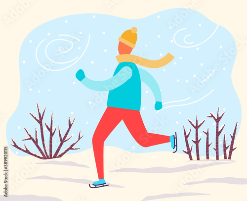 Man skating in park or forest alone. Guy spend leisure time doing his hobby. Outdoor activity in winter, windy cold weather. Landscape with snowy shrubs and ground. Vector illustration in flat style