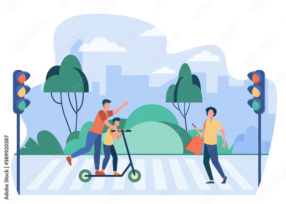 Pedestrians breaking traffic rules. People using cell, riding scooter on crosswalk flat vector illustration. Road safety, warning concept for banner, website design or landing web page Pedestrians breaking traffic rules. People using cell, riding scooter on crosswalk flat vector illustration. Road safety, warning concept for banner, website design or landing web page