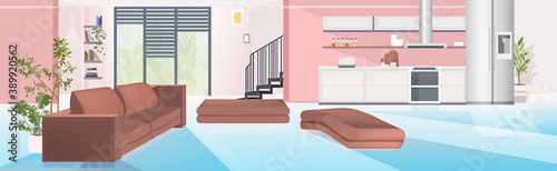 contemporaty house with living room and open kitchen empty no people apartment interior horizontal vector illustration