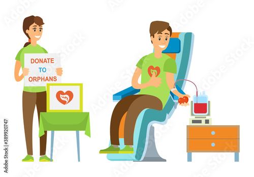 Man transfusing blood, woman standing with poster donate to orphans, people volunteers caring, assistance support, charity element, volunteering vector