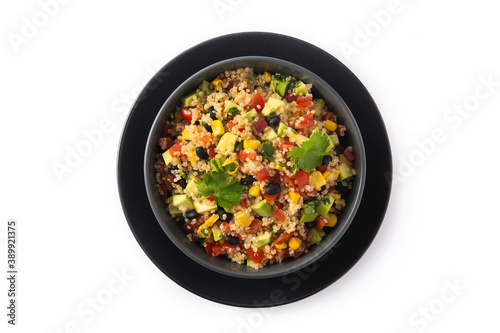 Mexican salad with quinoa in bowl isolated on white background. Top view	