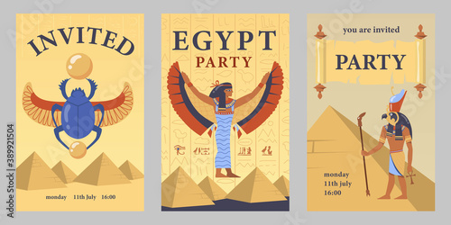 Egyptian party invitation card template set. Egyptian pyramids, Isis, scarab vector illustrations with time and date. Templates for announcing poster or flyer