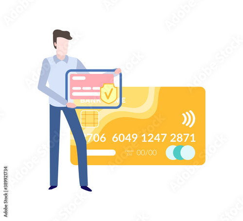 Man with business card in hands isolated on white. Vector money transfer, payment and exchange, plastic credit-card and buyer, advertisement of banking
