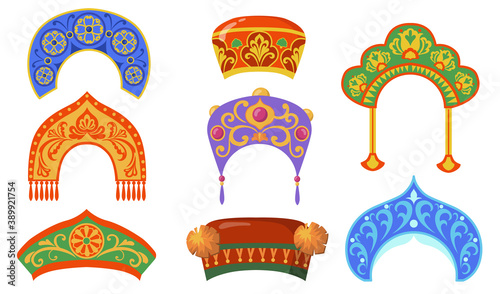 Russian national lady hat flat item set. Cartoon kokoshniks for ethnic folk costume isolated vector illustration collection. Headdress and Russia concept photo