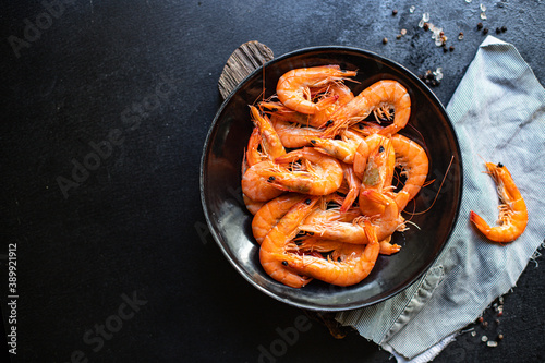 shrimp cooked prawn seafood ready to eat serving on a plate healthy meal snack ingredient top view copy space for text food background rustic diet pescetarian