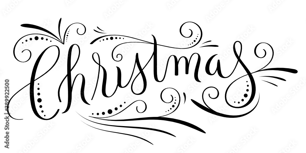 HAPPY CHRISTMAS black vector brush calligraphy banner with decorative elements