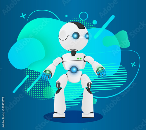 Futuristic robot like a human, artificial intelligence. Innovative humanized model of robot. Realistic android with lamps, sensors at background with dotes, lines, circles. Cybernetic science