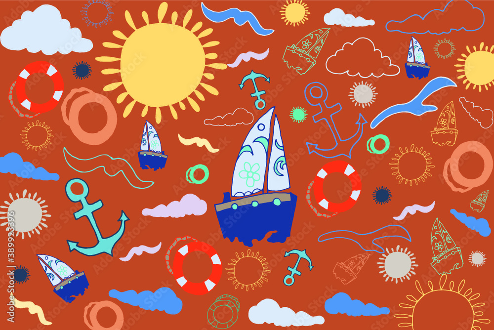 Summer time with ship, sun, seagulls, anchor, lifebuoy and shells on orange background