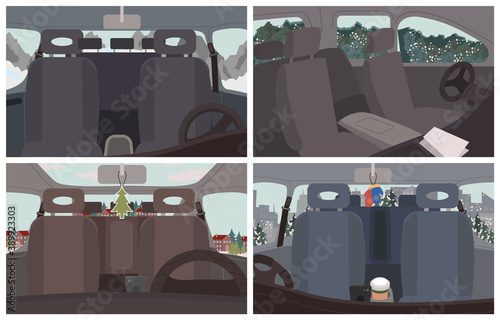 Black cars interiors, vehicles inside views. Empty automobile salon. Car cabin elements like seat for passengers, steering wheel. Trips and journey by auto. Winter landscapes and scenery vector