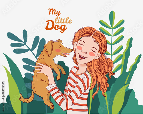 Cute girl with funny dog. Portrait of a beautiful child with little pet
