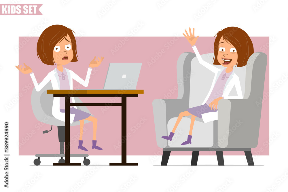 Cartoon flat funny little scientist doctor girl character in white uniform. Kid misunderstanding, working on laptop and resting on chair. Ready for animation. Isolated on pink background. Vector set. Cartoon flat funny little scientist doctor girl character in white uniform. Kid misunderstanding, working on laptop and resting on chair. Ready for animation. Isolated on pink background. Vector set.