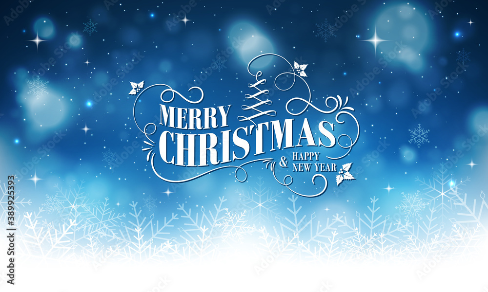 Christmas and New Year blue glowing greeting with snowflakes and stars. Christmas and New Year blue glowing greeting with snowflakes and stars.