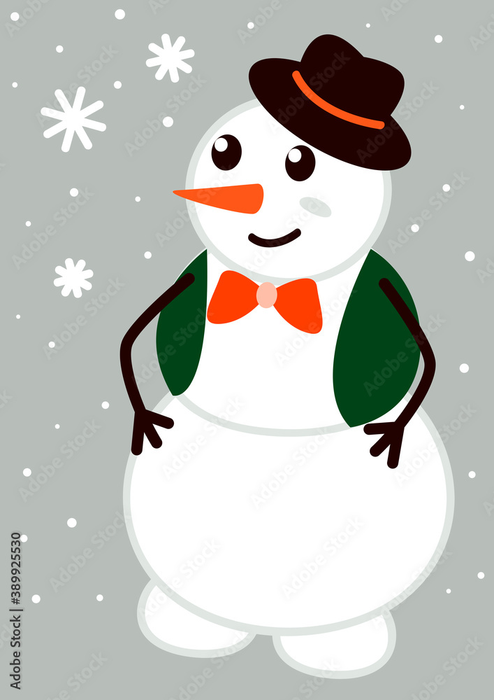 Snowman gentleman in hat, bow tie and vest - funny character for Christmas and New Years holiday winter design