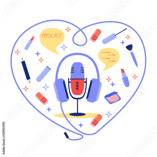 Studio microphone table broadcast podcast. Media, radio hosting doodle drawing. Podcaster, broadcaster working space, microphone, cartoon character. Flat vector illustration, isolated object.