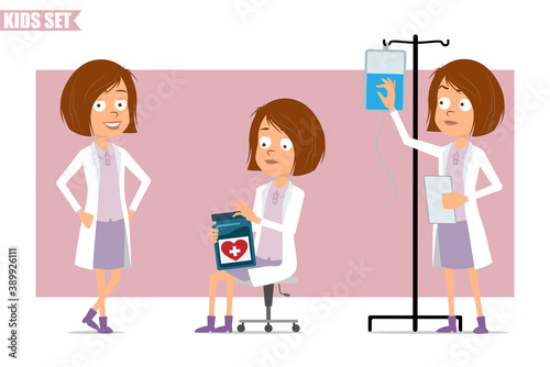 Cartoon flat funny little scientist doctor girl character in white uniform. Kid checking drop counter and opening container with drug. Ready for animation. Isolated on pink background. Vector set.