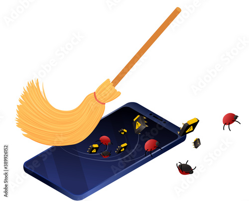 Smartphone service and debugging concept. Broom cleaning mobile phone from bugs and viruses. Isometric vector illustration data protection, information security.