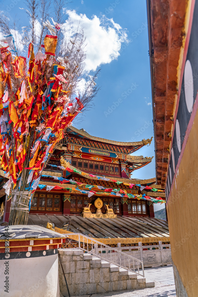 The amazing view of traditional buddhist flags at the Zhongdian Sutra Depository Scenic Spot in Shangri-La in China