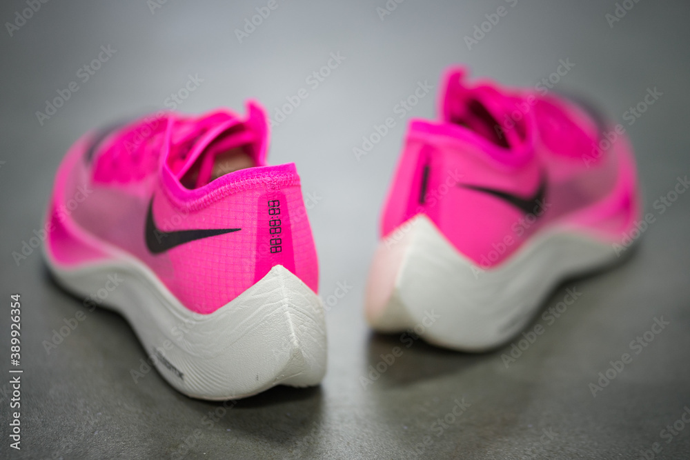 Bangkok / Thailand - October 2019 : Nike launch "ZoomX Vaporfly Next%" in  new pink color. This is