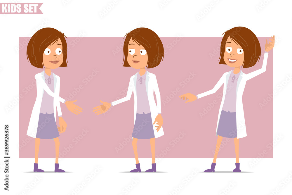 Cartoon flat funny little scientist doctor girl character in white uniform. Kid shaking hands and showing hello or bye gesture. Ready for animation. Isolated on pink background. Vector set.
