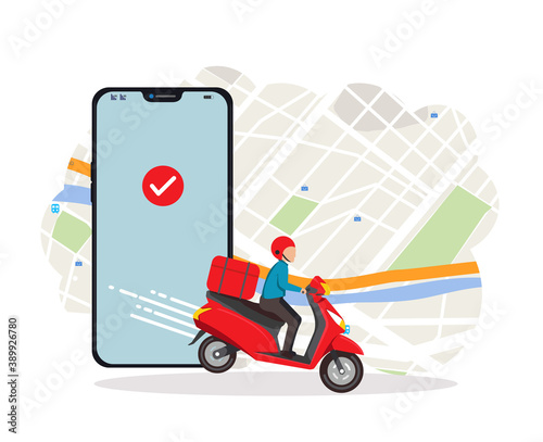 Fast and free delivery by scooter, Transportation business, Customer tracking order route with smartphone, GPS Technology, vector illustration 