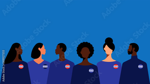 The presidential election of 2020. American citizens with different skin colors, gender, and age. People with the "VOTE" pin on their clothes. The concept of choice, voting, and solidarity. 
