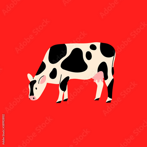 Cute Cow or Calf. Head bowed to the ground. Hand drawn colored trendy Vector illustration. Funny character. Cartoon style. Flat design. Rural farm Animals concept. Isolated on red background