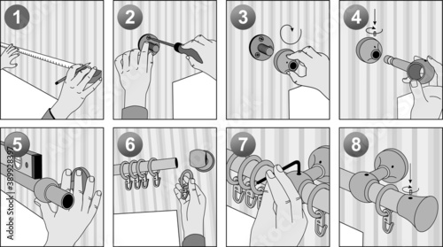 Vector manual. How to install a curtain rod to the wall. Eves, poles, bracket, curtain.