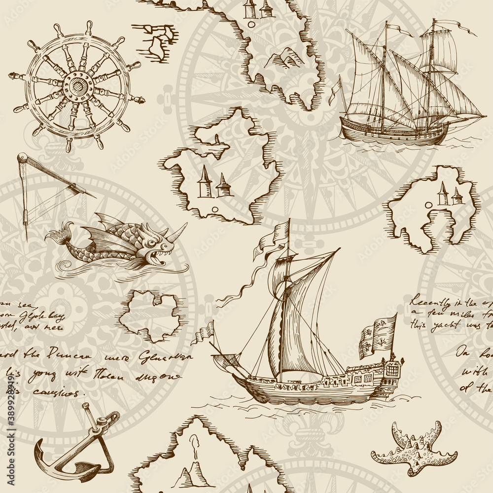 Old caravel, vintage sailboat, sea monster. Monochrome Hand drawn sketch. Seamless pattern for boy. Detail of the old geographical maps of sea. - obrazy, fototapety, plakaty 