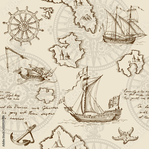 Old caravel, vintage sailboat, sea monster. Monochrome Hand drawn sketch. Seamless pattern for boy. Detail of the old geographical maps of sea. © Shalyapina