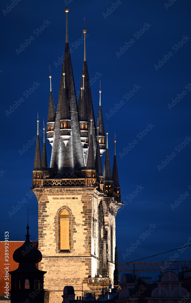 Tyn Church tower at night Prague Czech Republic Tyn Church tower at night Prague Czech Republic