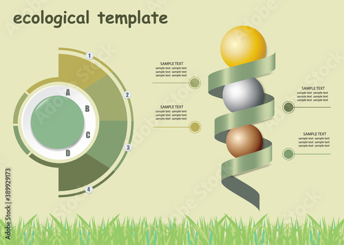 Ecological infographics template vector showing semicircle, spiral with gold, silver and bronzed ball and four labels in graduated green color ready for your use.