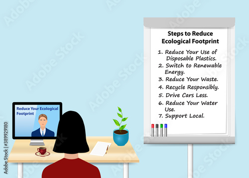 Woman is educating in Ecology by a man communicating with her from a PC standing on the table. Description of Steps to Green Your Business is written on the flipchart standing next to her.