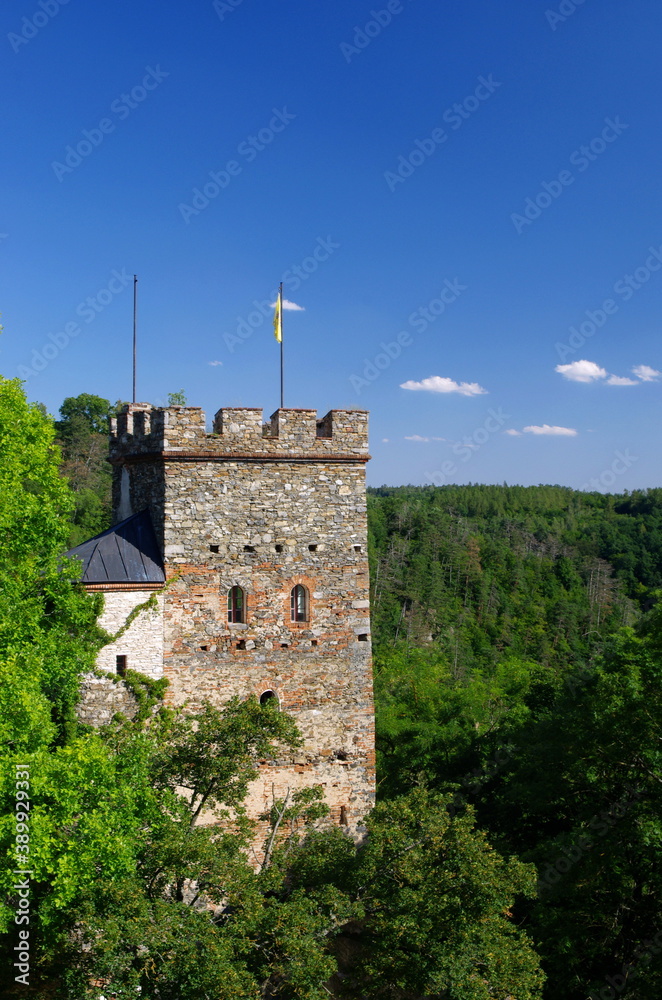 Bitov castle, South Moravia, Czech Republic. Bitov castle, Beautiful medieval tower with blue sky and nature landscape. Visit and travel Czech Republic.