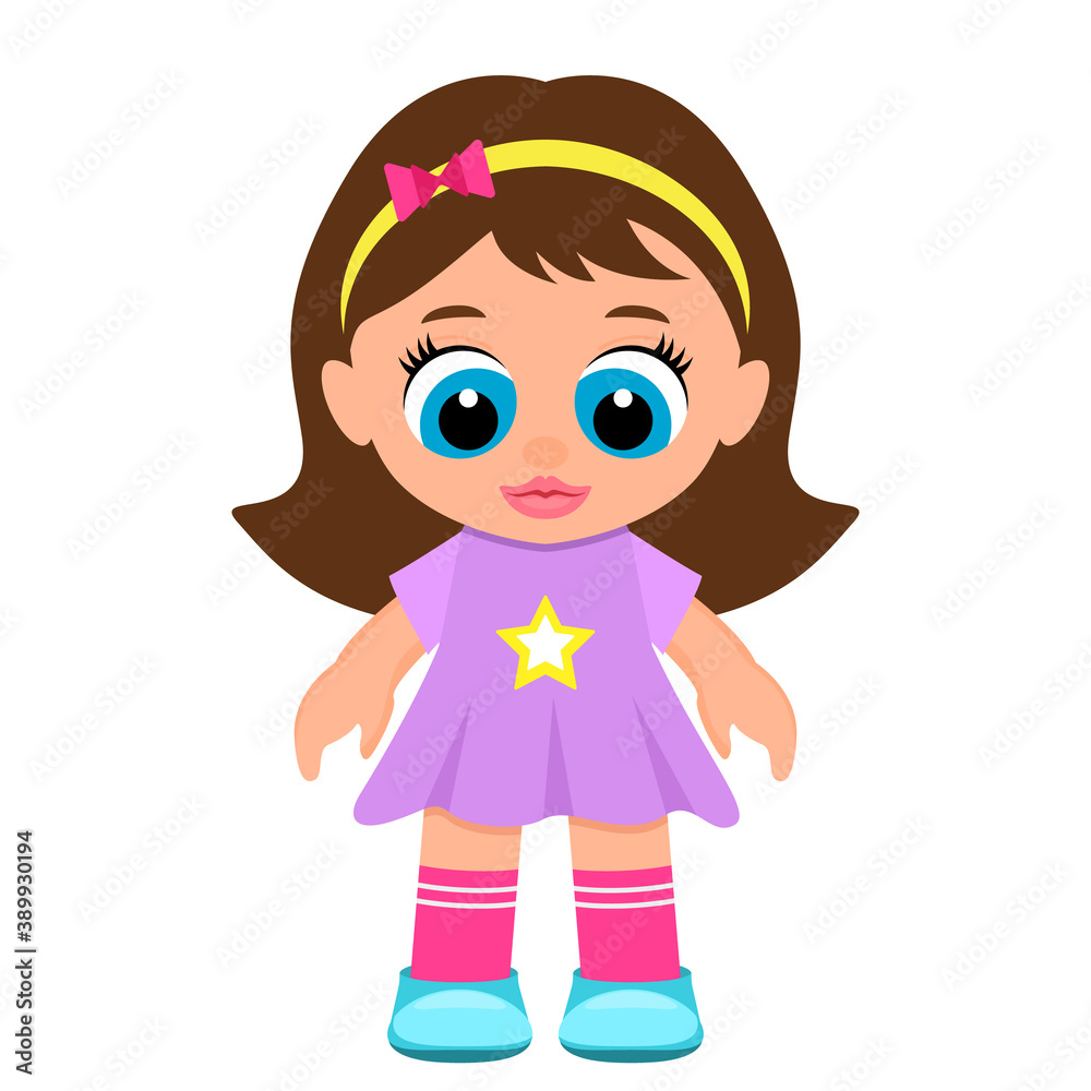 Beautiful children's toy doll in a dress. vector illustration