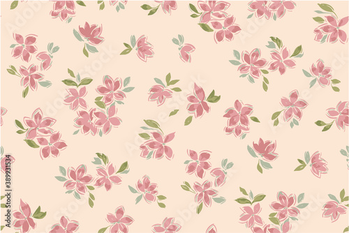 Floral spring print. Pink flowers, green leaves. Rapport include. 