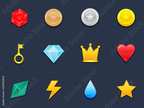 Game pack elements  - user interface vector icons. Gems, coins, trophies etc.