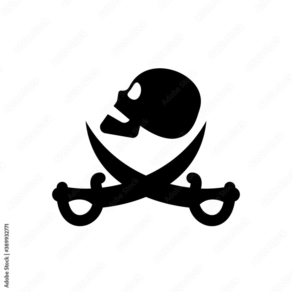Human skull in profile and crossed sabers. Pirate sign and symbol for design. Isolated illustration in flat style on white background. An image of danger to humans. Icon of hazard to life Human skull in profile and crossed sabers. Pirate sign and symbol for design. Isolated illustration in flat style on white background. An image of danger to humans. Icon of hazard to life