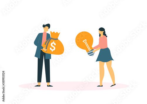 Business porters a successful team. The investor holds money in ideas. financing of creative projects. woman and man business handshake vector