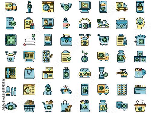 Drug delivery icons set. Outline set of drug delivery vector icons thin line color flat on white
